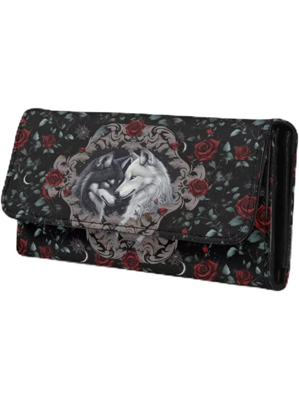🎃Women's Gothic Wolf Rose Purse Black PU Leather Slim Wallet Long Trifold Purse